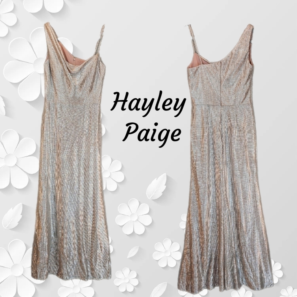 Hayley Paige Maxi Dress Womens Sz 8 Rose Silver Liquid Metallic Formal Cowl Neck